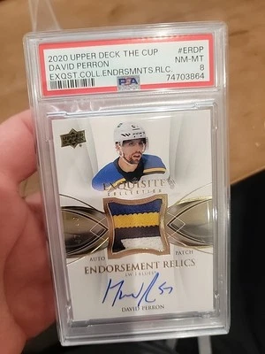 2020-21 The Cup Exquisite Collection Relic Patch Auto /50 David Perron PSA 8 - Image 1 of 4