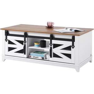 Uimoso 48" Farmhouse Coffee Table 2-tier Rectangle Table with Sliding Barn Doors - Picture 1 of 12