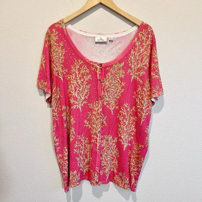 Quacker Factory Rhinestones Button Front Short Sleeve Cardigan Coral Orange XL - Image 1 of 4