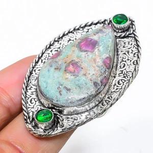 Ruby Fuchsite, Peridot Gemstone Handmade 925 Sterling Silver Ring Size 8 - Picture 1 of 5