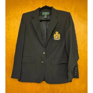Ralph Lauren Petite Blazer Jacket 4P Black Viscose Wool Embroidered Crest - Picture 1 of 5