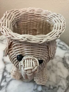 Vintage Wicker White Elephant Plant Basket with Button Eyes Plastic Insert - Picture 1 of 6