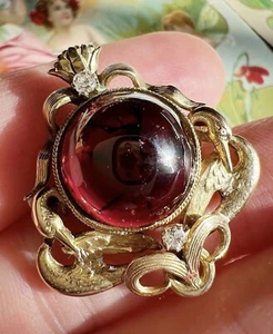 ANTIQUE • Art Nouveau 14k Gold Flora & Fauna w/ Garnet Carbuncle Cabochon Brooch - Picture 1 of 7