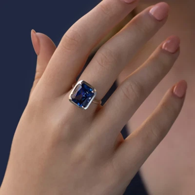 Bague de mariage en or jaune 14 carats et diamants saphir bleu taillés rayonn... - Photo 1/4