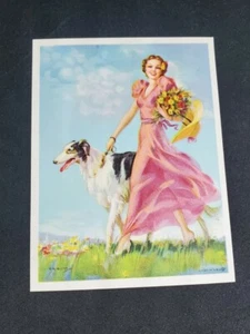 VTG Woman With Borzoi - Art By Jules Erbit Poster Card 1930s - Picture 1 of 6