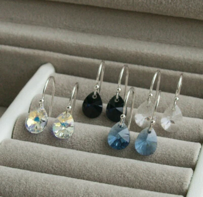 Tiny Coloured Crystal Drop Earrings Sterling Silver - Teardrop Pear Dangle UK - Image 1 of 3
