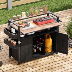 52.8"W Wicker Outdoor Grill Cart Rolling Kitchen Island with Storage Cabinet - Picture 1 of 24