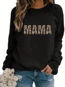 Women Leopard Letter MAMA Print Pullover Sweatshirt Casual Long Sleeve Crew Neck - Picture 1 of 3