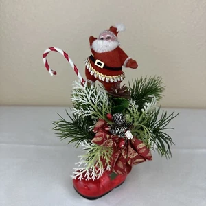 Vtg Lefton Santa Boot Planter Flocked Santa Claus Christmas Red Pick Holly Japan - Picture 1 of 12