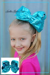 Girls Large 8" Turquoise Sequin Hair Bow, Alligator Clip, Blue - Picture 1 of 4