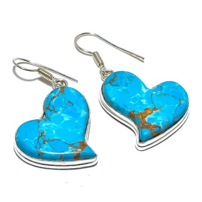 Natural Xmas Hearts - Copper Turquoise Gemstone Silver Earring 1.6" N452 - Image 1 of 4