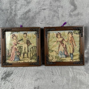 Pair of Antique French Country Framed Tapestry Courting Romance Scene 7x7 GUC - Picture 1 of 13