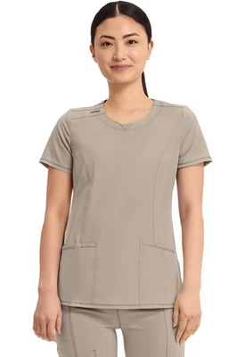 Cherokee Scrubs Round Neck Top 2624A KAK Khaki Free Shipping - Image 1 of 4
