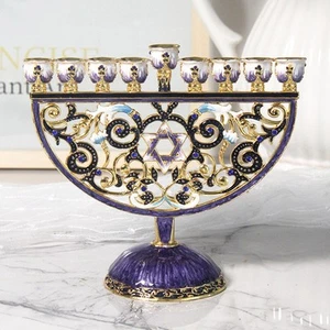 Enamel Menorah Candelabrum Antique Flower Pattern 9 Branch Candlestick - Picture 1 of 6