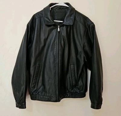 Croft & Barrow Bomber Jacket Black Leather Collared Zip Pockets Quilt Lined Sz L - Image 1 of 4