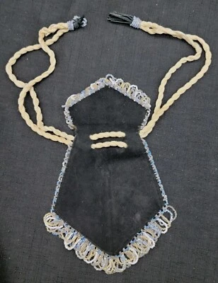 Antique Black Suede Beaded Drawstring Bag, Unique RARE - Image 1 of 4