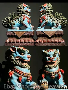 "Par de estatua de la suerte bola de león perro foo feng shui porcelana Wucai antigua de 13,2""" - Imagen 1 de 9