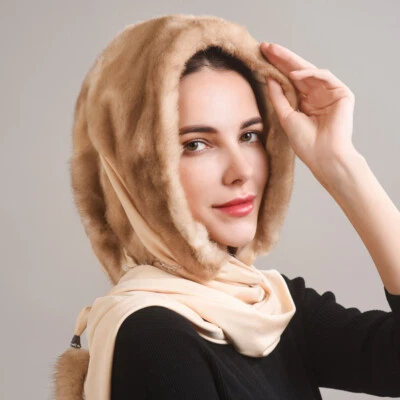 Sombrero de piel de visón real para mujer bufanda gorra cálida cuello envolvente largo rasguños gorros capa  Foto 1 de 4