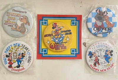 Lote/5 botones vintage Disneyland y Disney On Ice 3" Pinback Año Nuevo Pascua NUEVO Foto 1 de 4