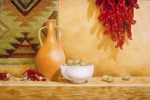 Southwestern Bodegón - Aceitunas con chiles - Estampado amarillo y verde para cocina - Imagen 1 de 4