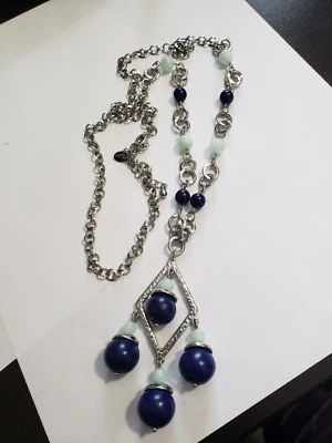 LIA SOPHIA SIERRA VISTA NECKLACE Silver Tone GENUINE Amazonite & Lapis Beads Foto 1 de 4