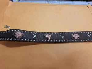 Nocona Western Girls Youth Belt Studded Pink Cross Hearts Brown Leather Size 20 - Picture 1 of 10