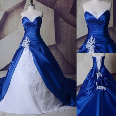 Plus Size Wedding Dresses Strapless Royal Blue&White Satin Sweep Train Ball Gown - Image 1 of 4