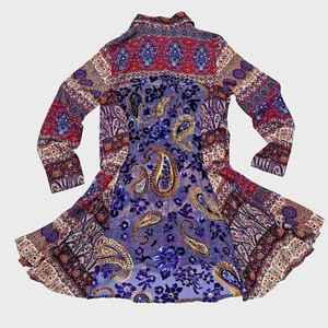Aratta Silent Journey Boho Paisley Floral Velvet Flock Sheer Button Up Dress M - Picture 1 of 17