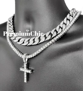 Mens Cross Pendant + Tennis Necklace + Miami Cuban Choker Plated CZ Jewelry SET - Picture 1 of 10