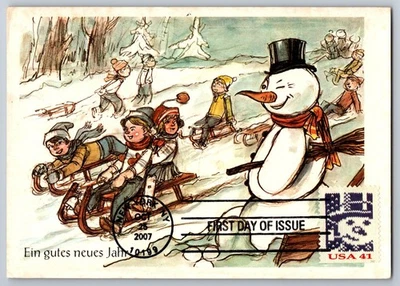 #4209 Holiday Knits Snowman FDC Maxi Card on Vintage German Postcard - Image 1 of 2