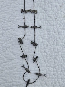 Vintage Zuni fetish animals 30” necklace sterling silver Turtle Fish Bear Frogs  - Picture 1 of 6