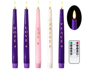 Flameless Advent Candles Set of 5 with Words, 10 Inch White, Purple & Pink Fl... - Picture 1 of 9