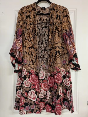 Angie Black Floral Open Front Flyaway Rayon Boho Kimono Duster Cover Up Size M  - Image 1 of 4