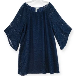 Tacera Womens Size 2X Navy Blue Lace Overlay 3/4 Bell Sleeve Shift Dress Lined - Picture 1 of 16