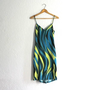 Vtg 90s XOXO teal lime black blue swirls straps slip tank Sun Dress size S XS - Picture 1 of 10