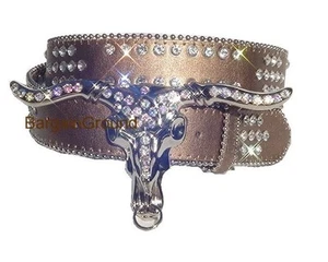 Nuevo Cinturón Longhorn Western Estrás Cristal Cuero ML - Imagen 1 de 1