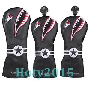 3pcs Black Shark Embroidery Golf Club Driver Fairway Wood Head Cover 135 Cover - Picture 1 of 7