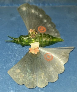 Antique green blown / spun glass moth ornament, silvery wings, red & white spots - Picture 1 of 23