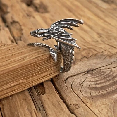 Dragon Ring Adjustable Sterling Silver Textured Mythological Animal Fantasy - Image 1 of 4
