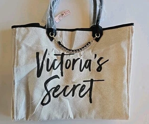 Victoria Secrets Tote Canvas Gold Chain Detail Shopping Gym Pool Travel NWT - Picture 1 of 8