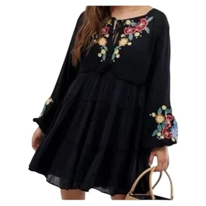 New Free People Spell On You Mini Dress Boho Floral Womens Medium Black - Picture 1 of 13