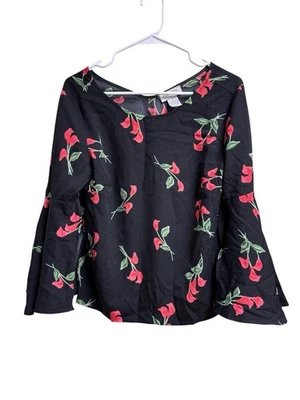 Blusa Top Carmen Marc Valvo Negra Floral Manga Campana Talla Pequeña Foto 1 de 4