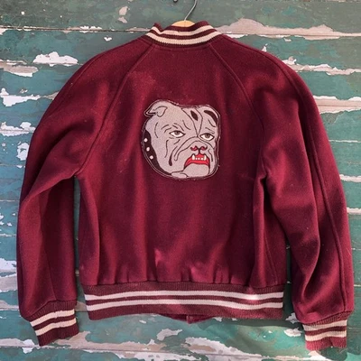 True Vintage Wool Varsity Letterman Bomber With Big Bulldog Patch - Image 1 of 4