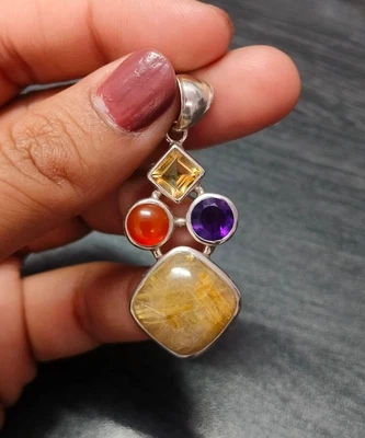 Ciondolo al quarzo rutilato dorato naturale argento sterling ametista... - Immagine 1 di 4