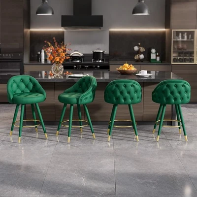 Velvet Swivel Bar Stools Set of 2/4  26 Inch Tufted Counter Chairs with Footrest - Image 1 of 4