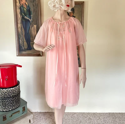 Conjunto de camisola e roupão vintage 1960s pêssego camada dupla chiffon babydoll M/G - Imagem 1 de 4
