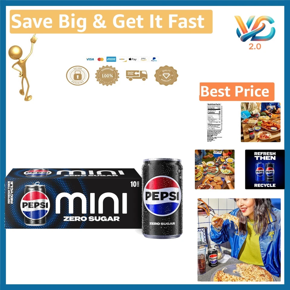 Pepsi Zero Sugar Cola Soda Pop 7.5 Ounce Mini Cans Fl Oz (Pack of 10)
