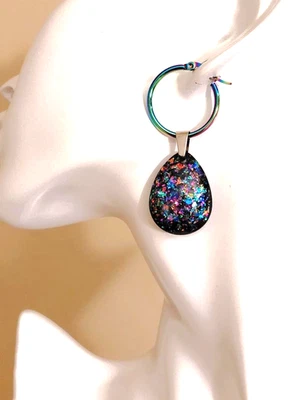 Pendientes de ópalo lágrima resina ópalos de pavo real en aros de acero inoxidable 21x28 mm Foto 1 de 4