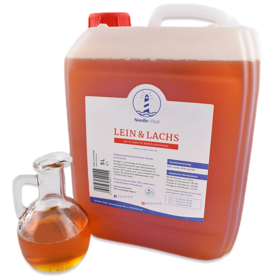  Leinöl & Lachsöl 5 Liter Kanister - Barföl, Omega-3, -6, -9, Fischöl, Hunde - Bild 1 von 1