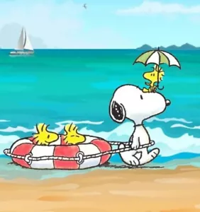 Fatto a mano Snoopy & Woodstock at the Beach #2 8x8 trapunte e blocco di tessuto artigianale - Foto 1 di 1